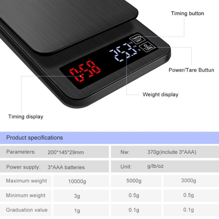 Balanza Digital de Alta Precision con Temporizador 10Kg