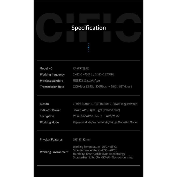 Amplificador y repetidor wifi dualband Comfast 2.4 / 5.8GHZ 1200mbps CF-WR758AC