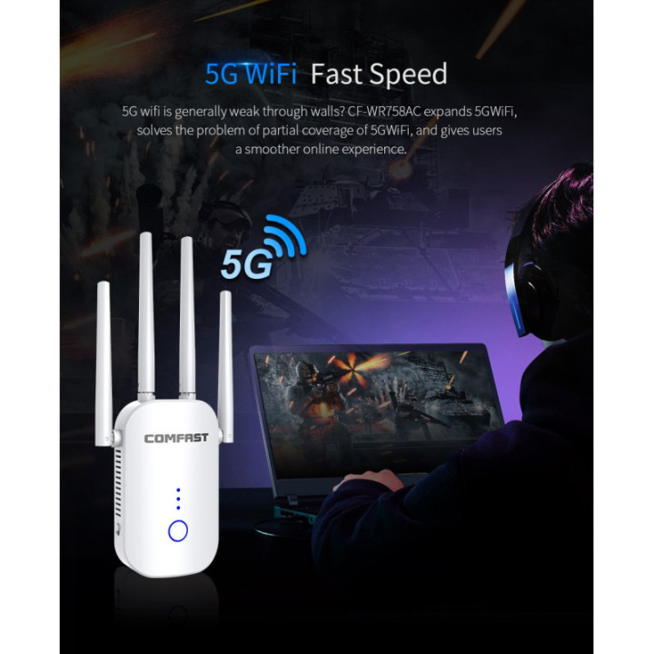 Amplificador y repetidor wifi dualband Comfast 2.4 / 5.8GHZ 1200mbps CF-WR758AC