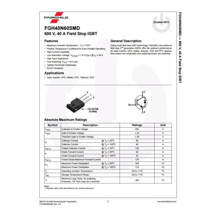 Transistor de Potencia IGBT FGH40N60SMD 600V 40A (TO-247)