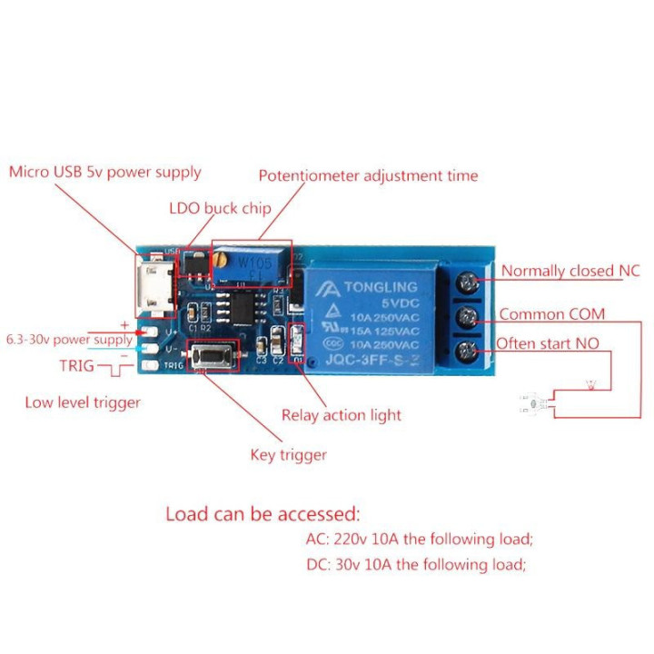 Modulo Temporizador de Rele Ajustable 5V-30V Micro USB