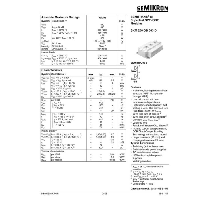 Modulo Transistor IGBT de Alta Potencia SKM-200-GAL-063-D 600V 200A