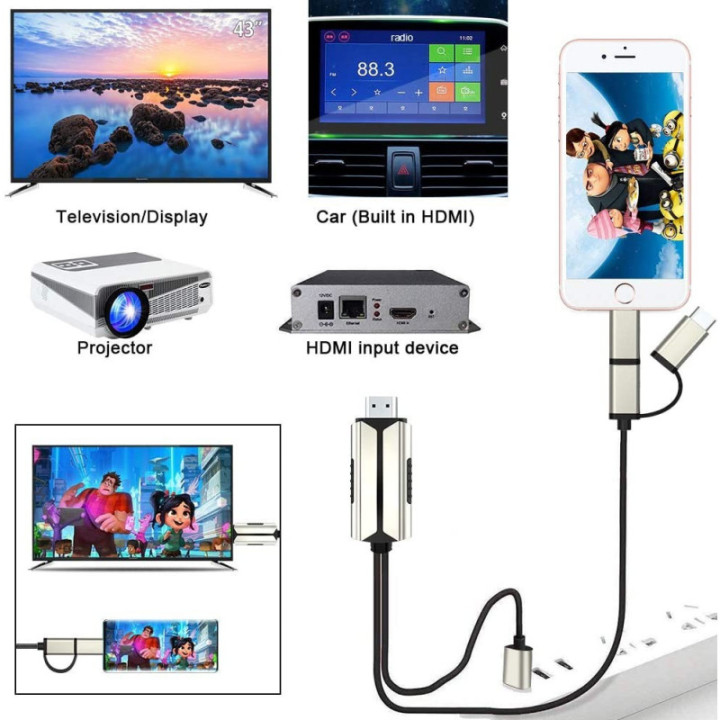 Adaptador USB-C/ Lightning/ MicroUSB a HDMI para Android/ IOS