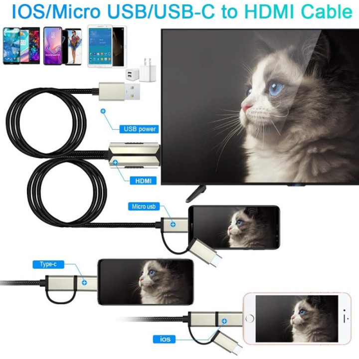 Adaptador USB-C/ Lightning/ MicroUSB a HDMI para Android/ IOS