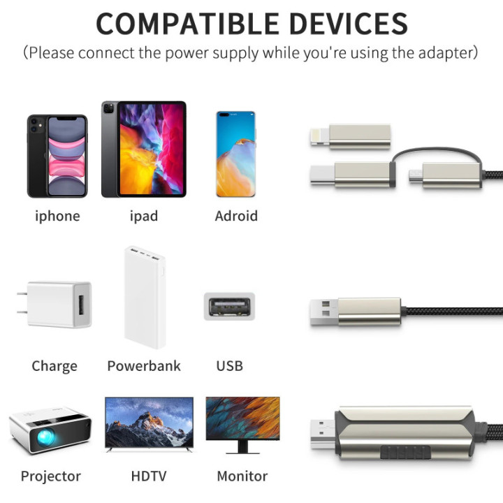 Adaptador USB-C/ Lightning/ MicroUSB a HDMI para Android/ IOS
