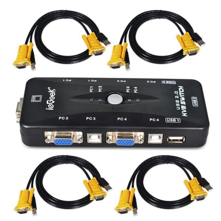 Conmutador de Teclado/Video/Mouse 4 puertos KVM Switch con Cables