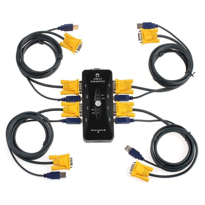 Conmutador de Teclado/Video/Mouse 4 puertos KVM Switch con Cables