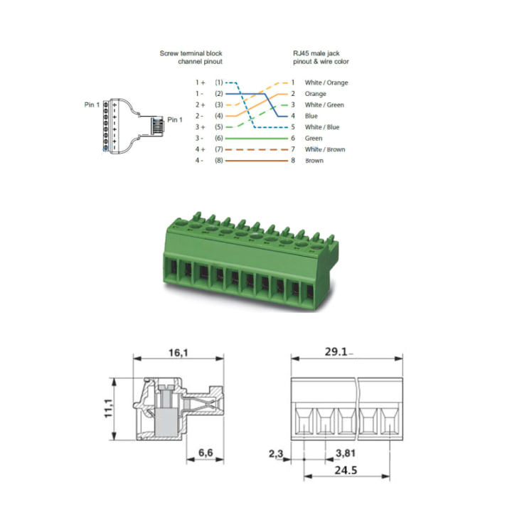 Conector Ethernet RJ45 Cat5/5e con Terminal Tipo Bloque 8 pines