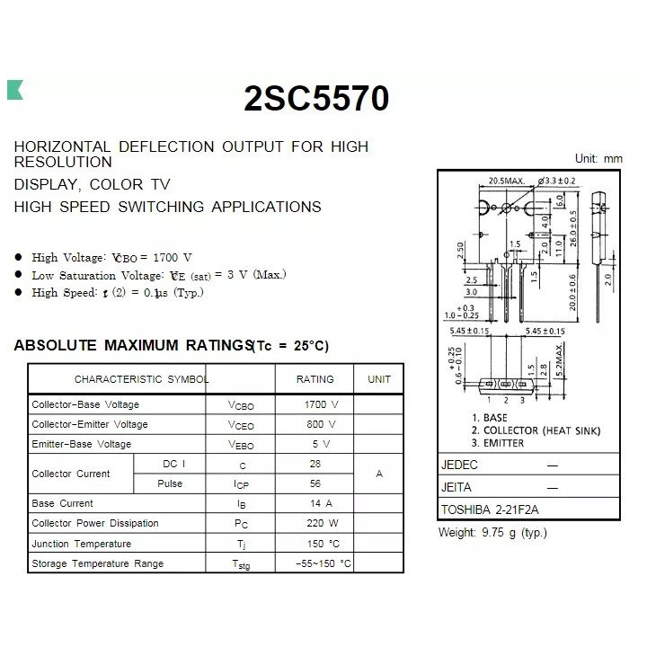 Transistor de Potencia Bipolar Toshiba 2SC5570 NPN 28A 800V (TO-3P)