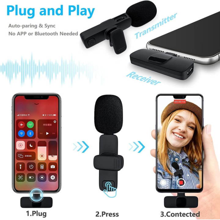 Microfono Lavalier Inalambrico para Celular Tipo USB-C / LIGHTNING