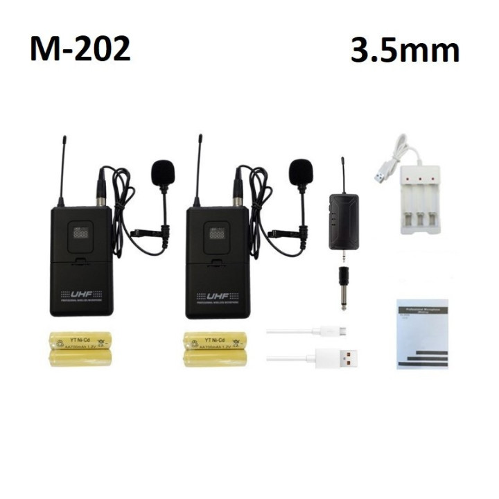 Microfonos Inalambricos M-202 UHF con 1 Receptor 3.5mm y 2 Transmisores
