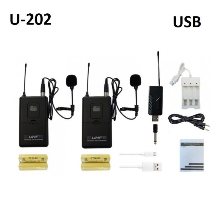 Micrófonos Inálambricos U-202 UHF con 1 Receptor USB y 2 Transmisores