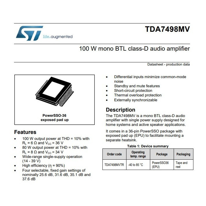 Amplificador de Audio TDA7498 100W Mono (SMD )