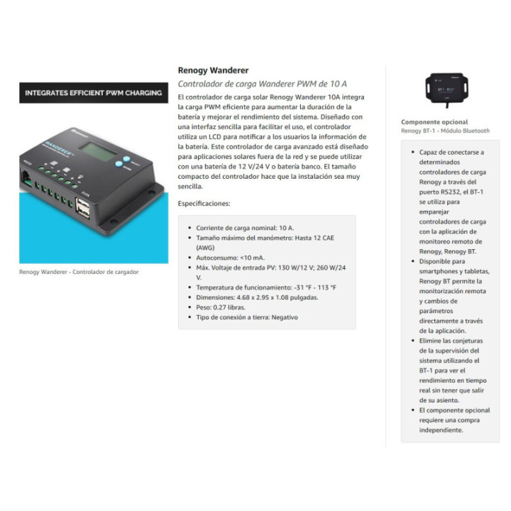 Controlador de Carga Solar 10A 12/24V WANDERER