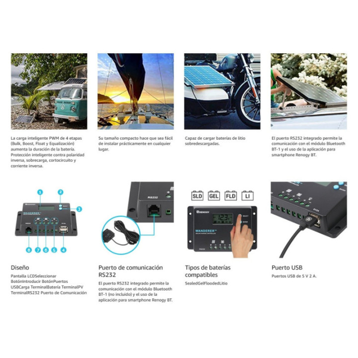 Controlador de Carga Solar 10A 12/24V WANDERER