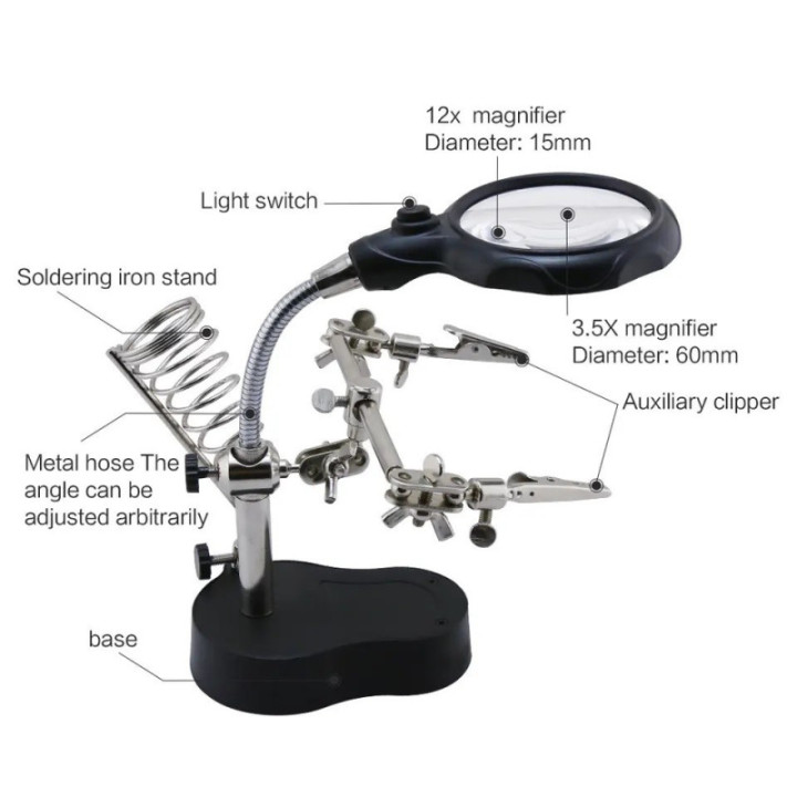 Lupa con Pinzas Sujetadoras y Luz LED TE-801