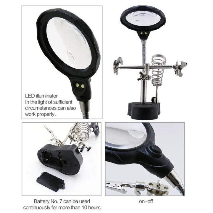 Lupa con Pinzas Sujetadoras y Luz LED TE-801