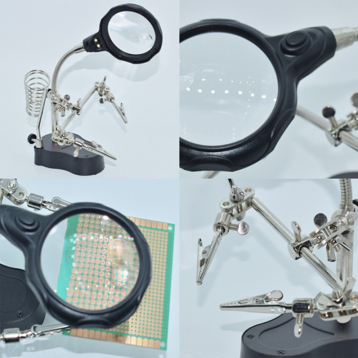 Lupa con Pinzas Sujetadoras y Luz LED TE-801