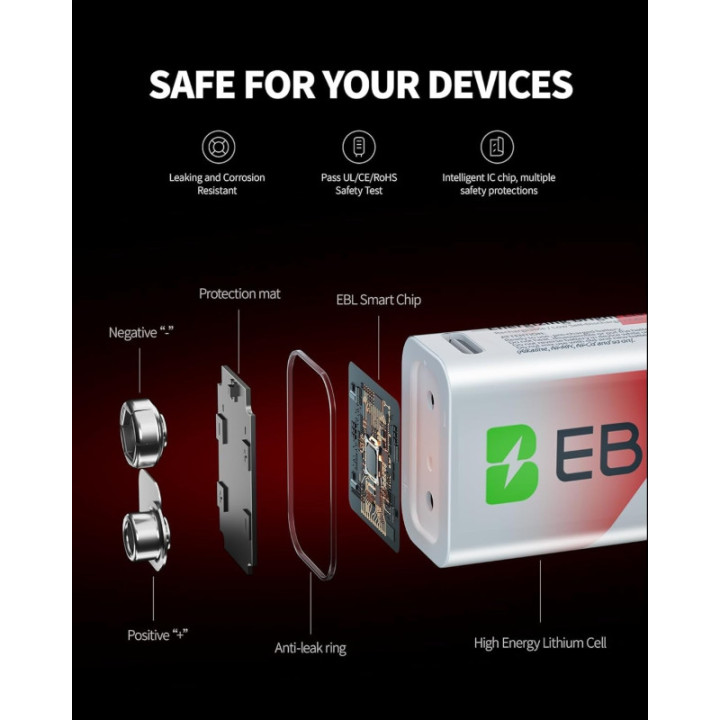 Bateria Recargable 9V USB EBL 5400mWh